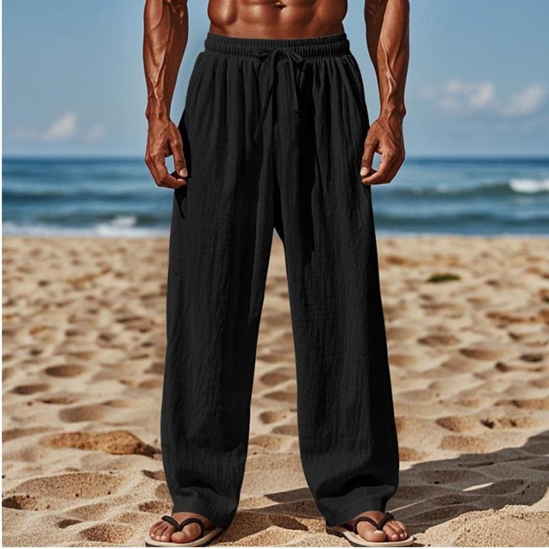 Beach Pants Cross-border Cotton and Linen Casual Trousers Amazon Men's Solid Color Drawstring Elastic Waist Daily Casual Breathability