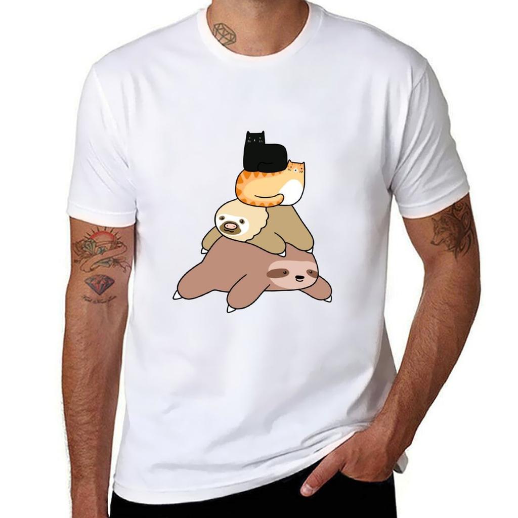 Sloth And Cat Pile Tshirt Anime T Shirts Oversize Funny T Shirts Cotton Unisex T Shirt Heavy Cotton Tshirt
