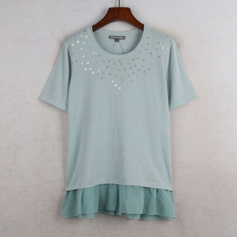 House Summer New Arrival Export European and American Women's Clothing Heavy Industry Beads Cotton + Silk Round Neck Short Sleeve Knitwear Thin Top