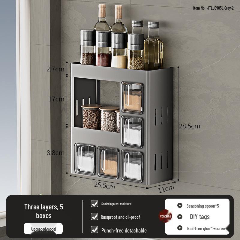 Punch-Free Wall-Mounted Kitchen Seasoning Rack with Jars