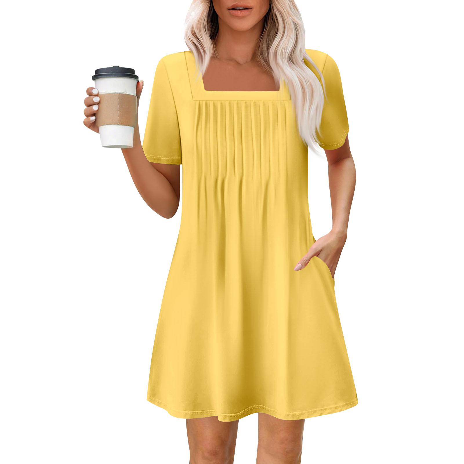 

Женские летние повседневные платья с квадратным вырезом, плиссировкой спереди и карманом, с короткими рукавами и принтом XL жёлтый