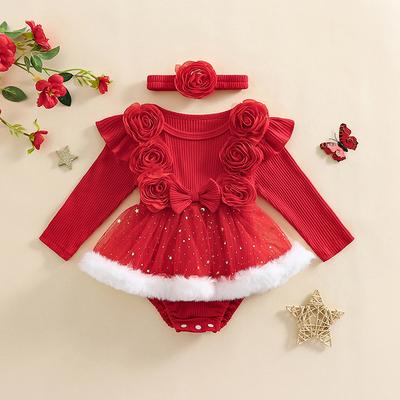 Newborn Baby Girl Christmas Red Romper Tulle Flower Bow Ruffle Jumpsuit Party Xmas Costumes Headband Outfits
