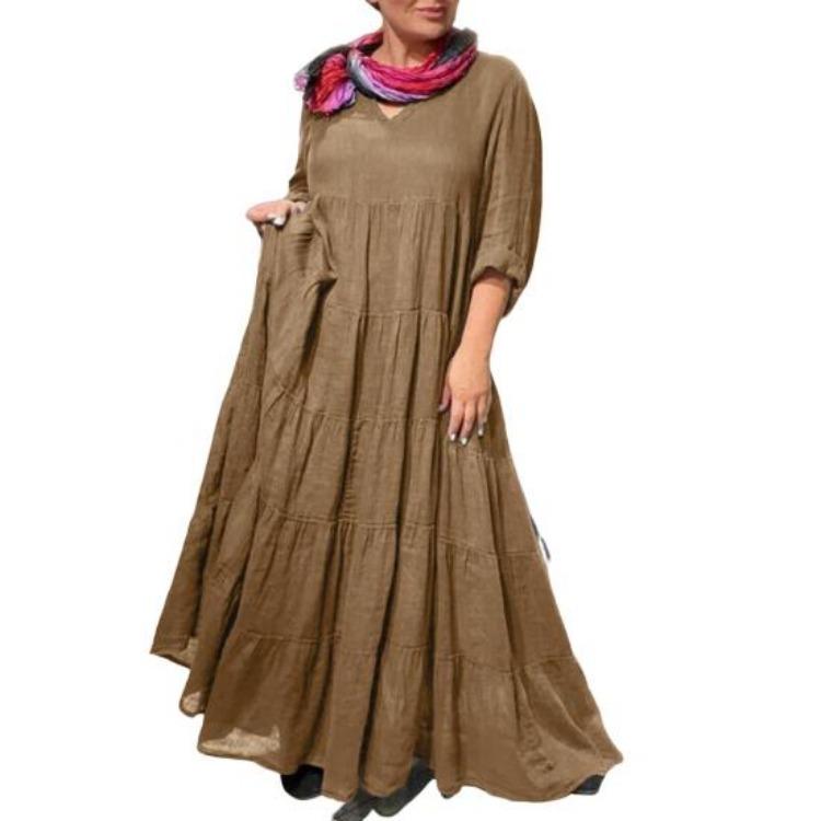 Summer Vacation Maxi Dress for Women V Neck Long Sleeve Solid Color with Ruffle Stitching and Pleated Hem
