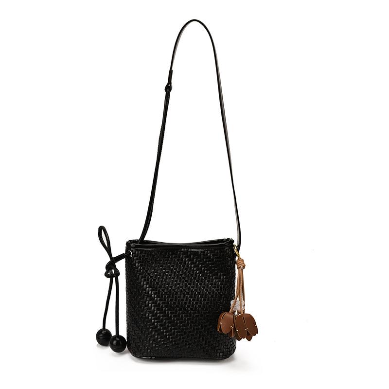 2026 Summer Women's Fashion Single Shoulder Crossbody Bucket Bag - PU Woven Texture, Phone Holder, Ideal for Vacation
