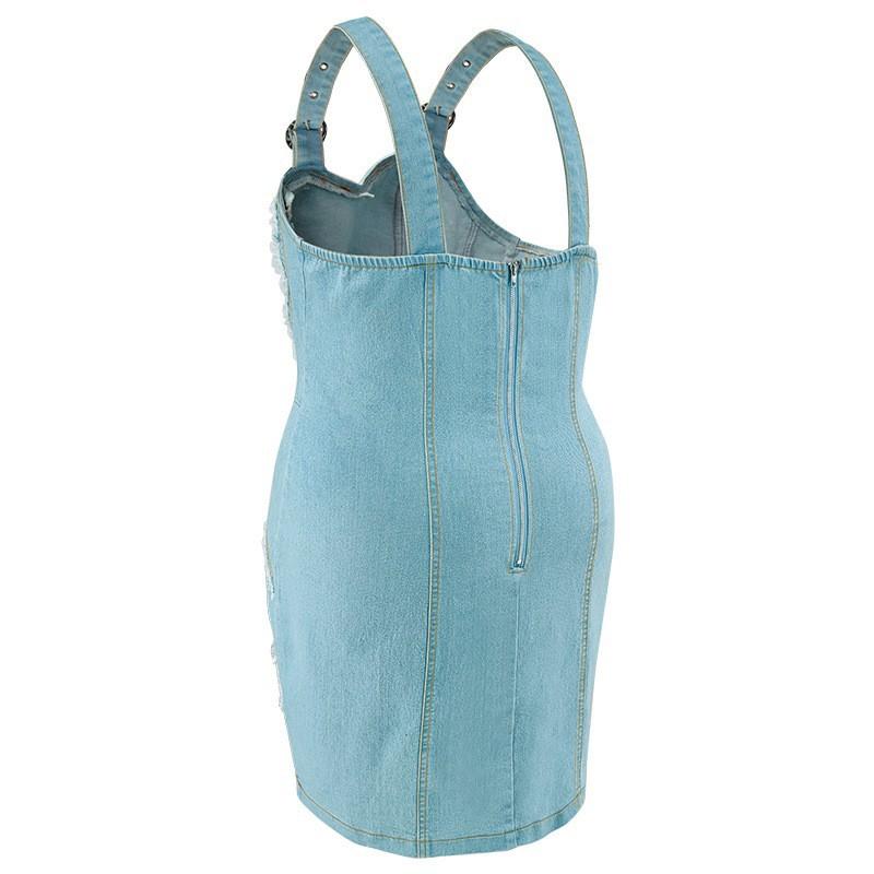Plus Size Denim Sleeveless Mini Dress With Fringe Detail A-Line Outfit Women 1XL-5XL