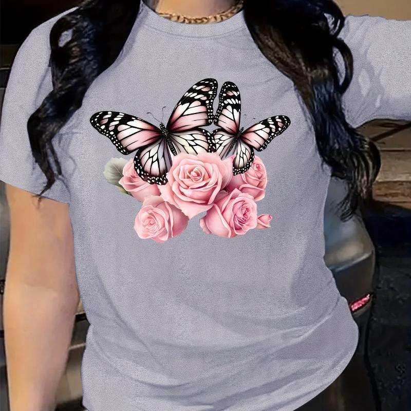 

Дышащий трикотажный стиль для весны-лета - Женская футболка обычной длины с принтом бабочек и роз, повседневная, с коротким рукавом XS серый