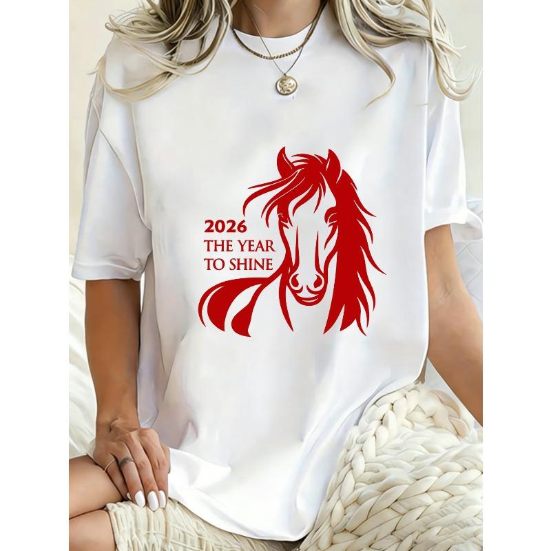 Oversized T-Shirt Black Horse Graphic 2026 The Year To Shine Print Casual Wear For Women Fashion Statement Top Streetwear Trendy Outfit