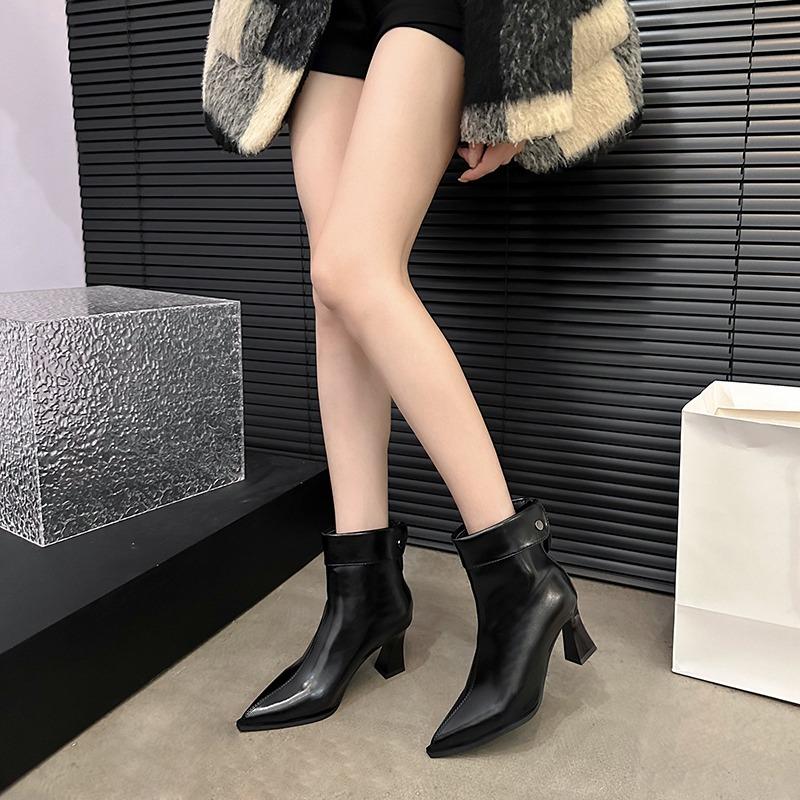 NEW Autumn Women Boots Sheep Suede Leather Shoes for Women Pointed Toe Chunky Heel Shoes Zip Turn-up Boots Black Modern Boots