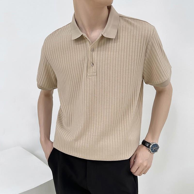 Men's Casual Retro Striped Polo Shirt: Short-Sleeved, Solid Color, Versatile Knitted Lapel T-Shirt