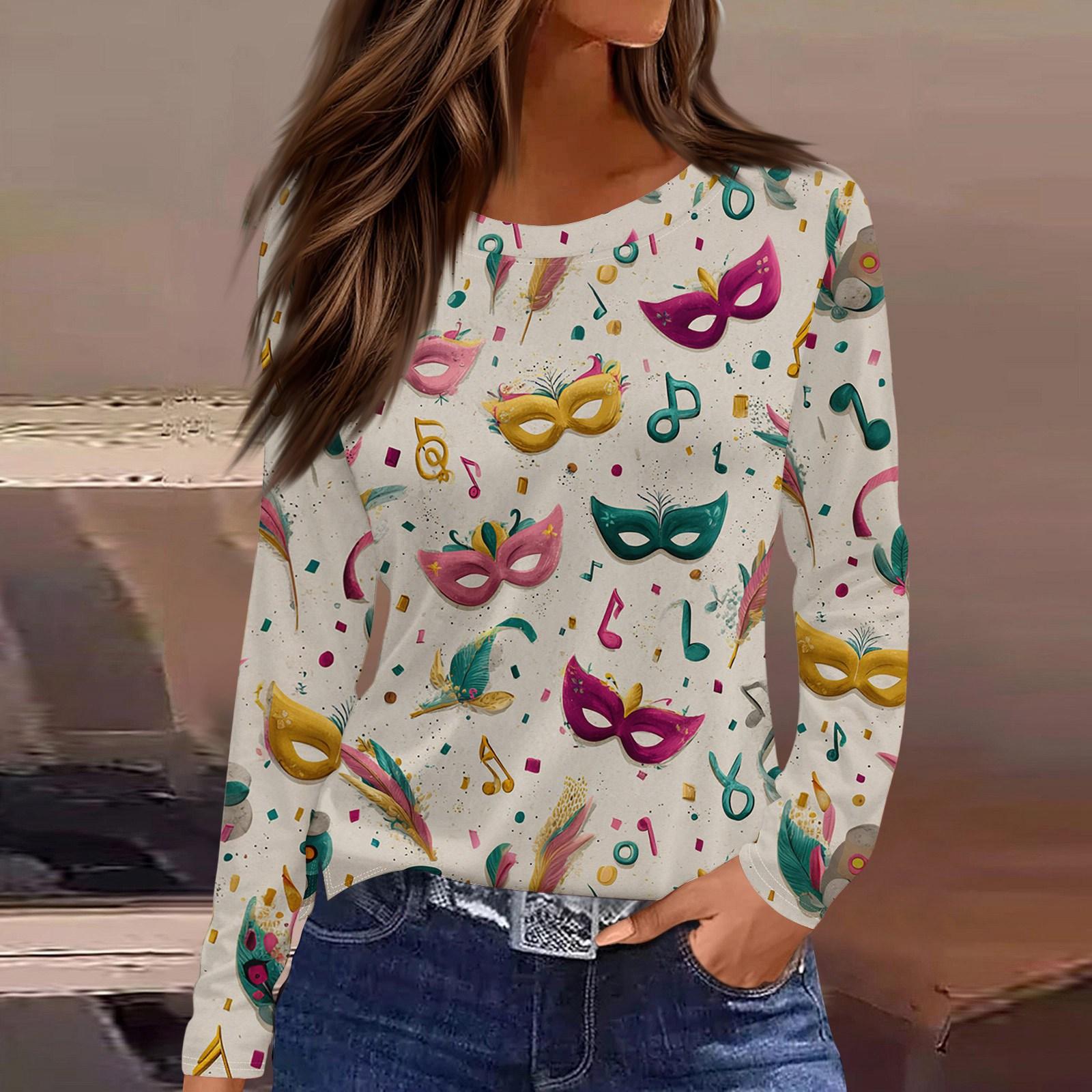 

Женский модный топ с круглым вырезом, длинными рукавами и разрезом по низу, с карнавальным принтом XL