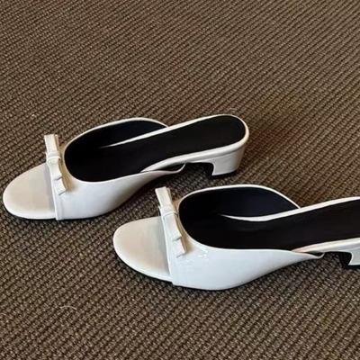 Women's Summer Patent Leather Butterfly-knot Slippers Street Style Square Toe Dress Shoes Outdoor Ladies Thick Heel Slides
