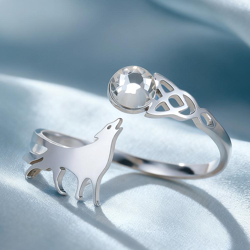 

Dawapara Howling Wolf Zircon Adjustable Ring Celtic Knot Animal Totem Stainless Steel Jewelry Good Luck Charm