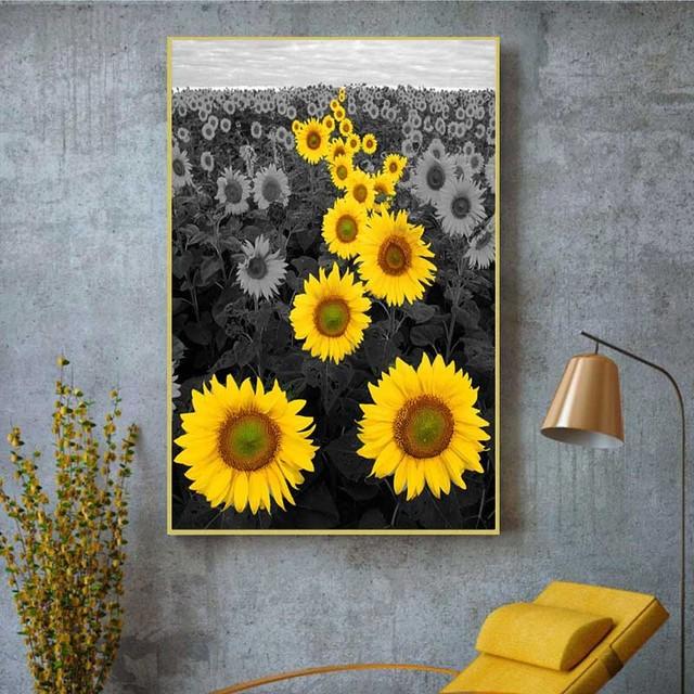 Solid Wood Frame Landscape Black Yellow Sunflower Canvas Painting Vintage Flowers Posters and Prints Wall Picture Living Room Home Decor
