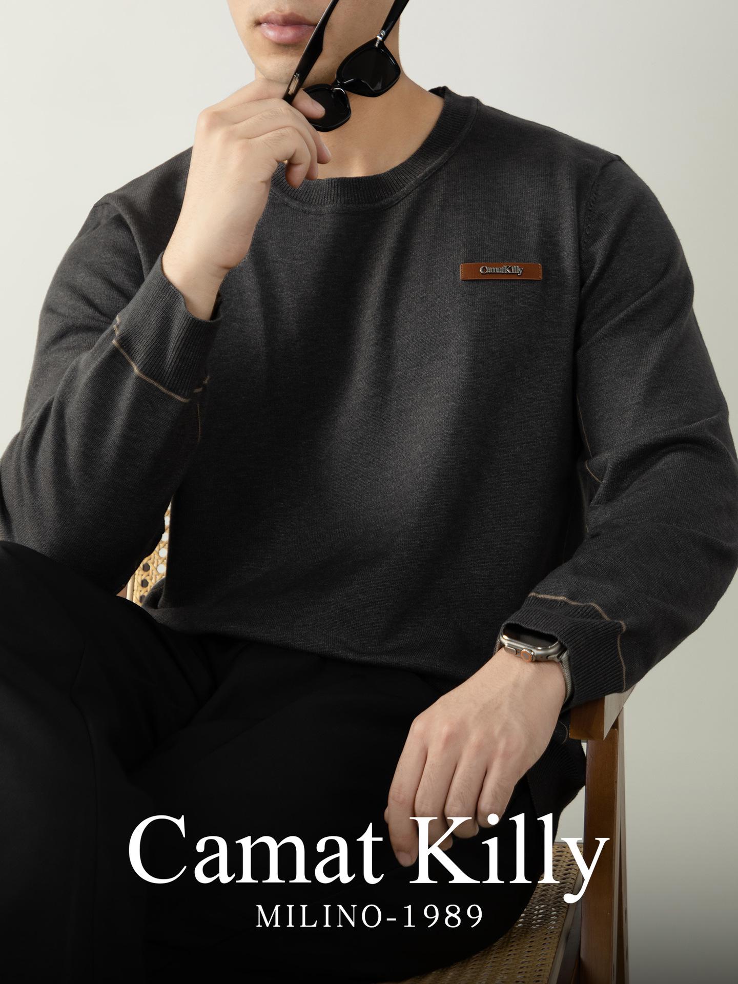 

Light Luxury Leather-Patch Wool Modal Sweater - Men s Textured Knit Top 4XL темно-сірий