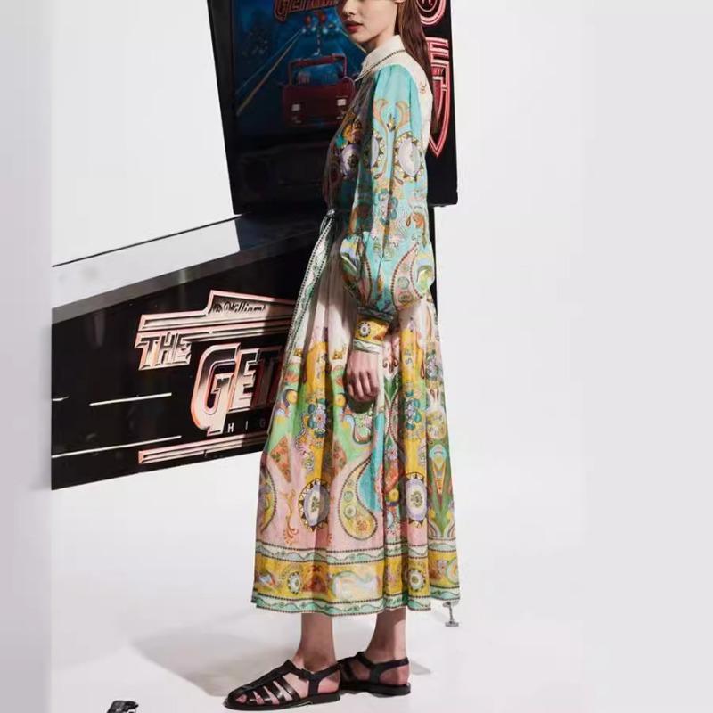Stampa Moda Manica Lunga Manica a Palloncino Allacciato Vestito Vestito