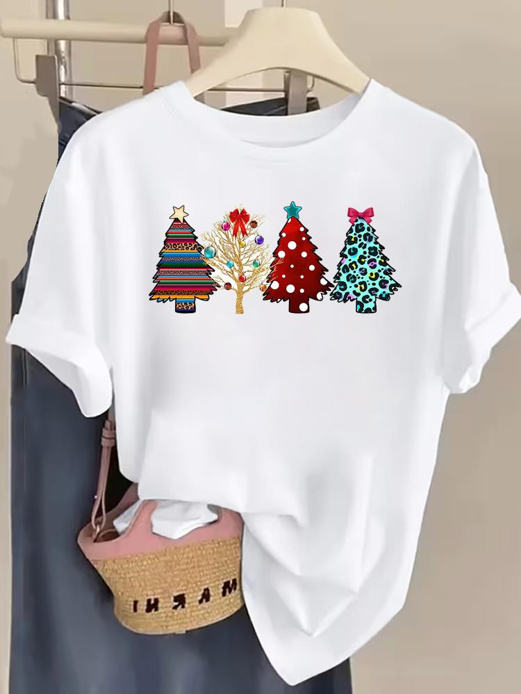 (Asian Size) Letter Cute Women Fashion Festival New Year T Shirt Christmas Clothing Tee Top Print Woman Short Sleeve Graphic T-shirts