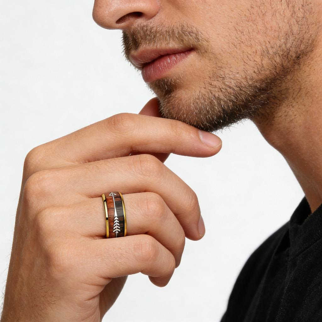 Fashion 8mm Gold Color Stainless Steel Rings for Men Women, Inlaid Arrow Hawaiian Koa Wood Rings, Men Wedding Band Jewelry