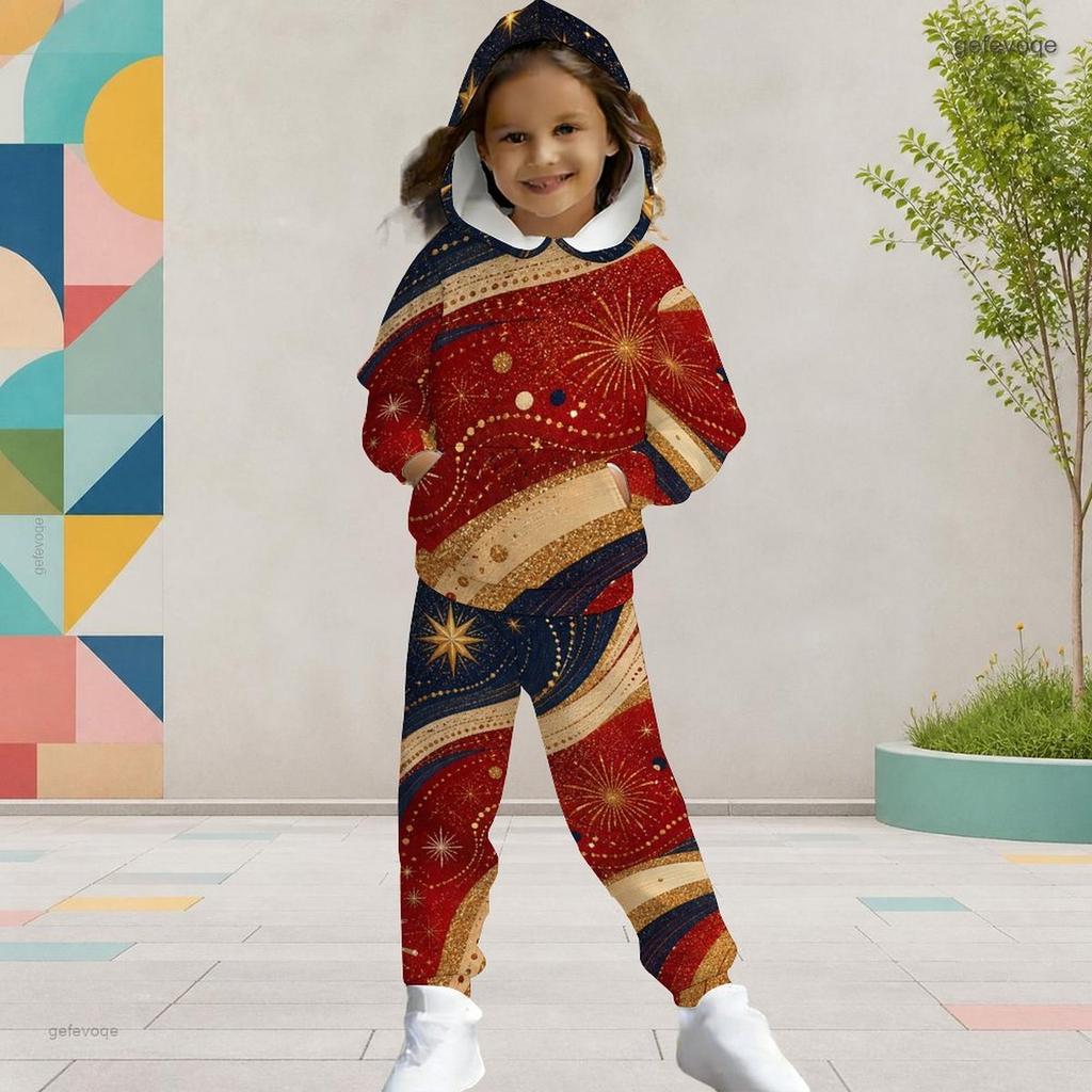 Girls White Printed Hooded Long Sleeve 2 Piece Outfit Kangaroo Pocket Cuffed Pants Set