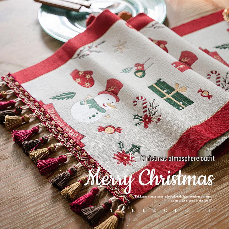 Jacquard Yarn-Dyed Christmas Snowman Reindeer Tassel Polyester Table/Bed Runner