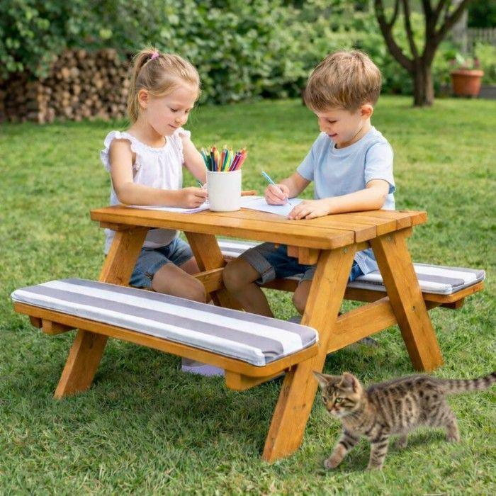 Table de pique-nique enfant - GINGER HOME - Bois pin massif - 4 places - Coussins amovibles