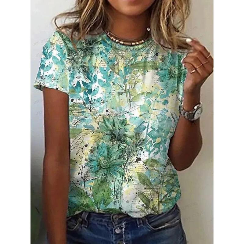 Summer Round Neck 3D Flower Print Top Fashionable Casual Short Sleeved Women's T-shirts