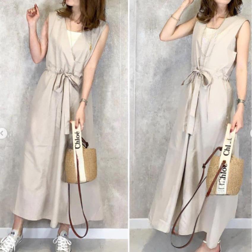 Women's Sleeveless Midi Dress V Neck Drawstring Waist Japanese Style Maxi Dress