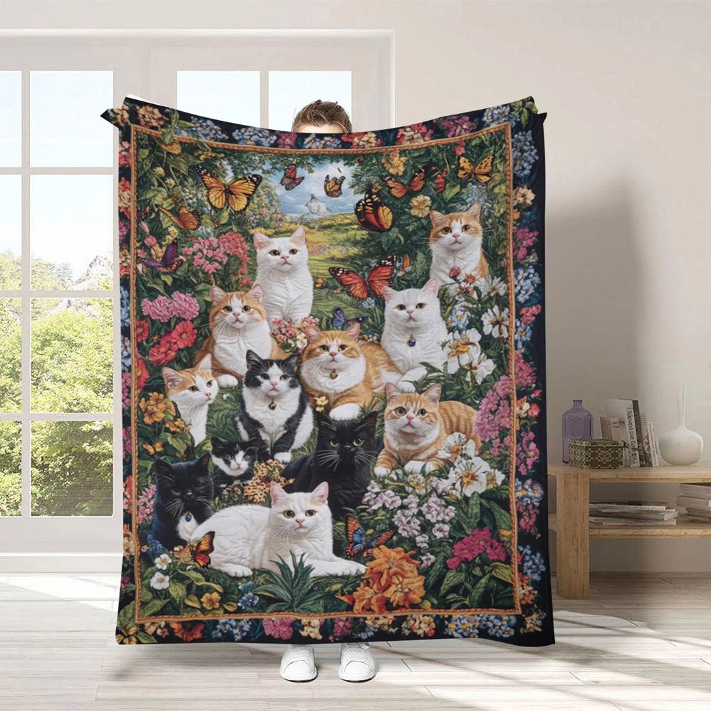 Vintage Pet Cat Digital-printed Polyester Bedroom Velvet Flannel Soft Sofa Cover Blanket Fleece Soft Cover Blankets for Beds