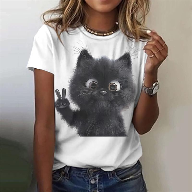 Cute Women's Round Neck Printed 3D T-shirt with Animal Fun T-shirt
