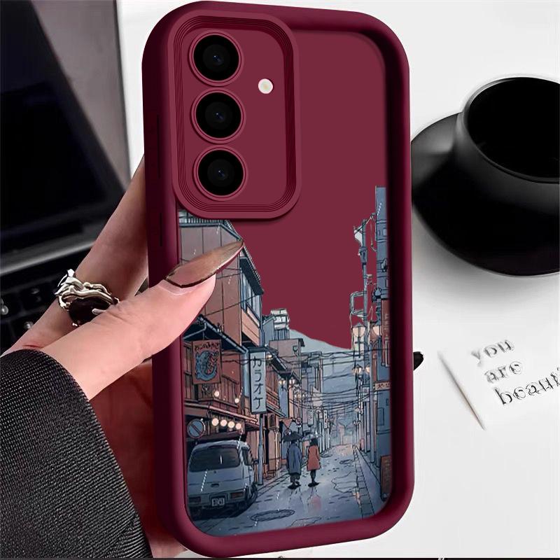 Silikon Mykt Deksel med Tegneserie By-mønster for Samsung S25 S24 S22 Ultra Plus S23 S21 S20 Fe A55 A54 A53 A35 A15 A16 Ensfarvet Linsebeskyttelsesdeksel