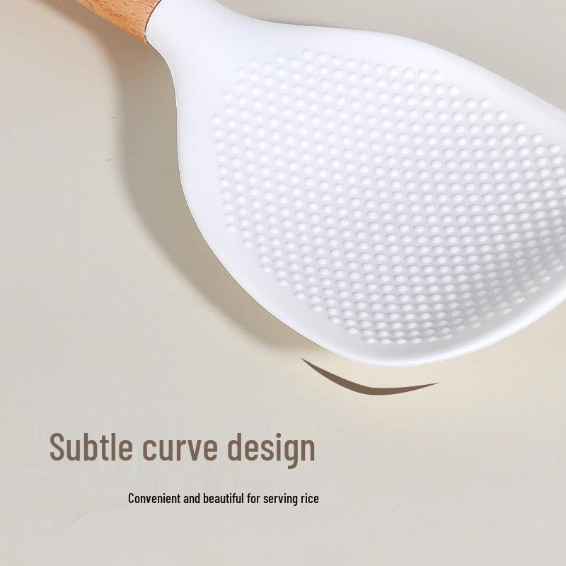 Kitchen Silicone Rice Spoon with Wooden Handle - Non-Stick, Heat-Resistant, Stand-Up Hanging Design