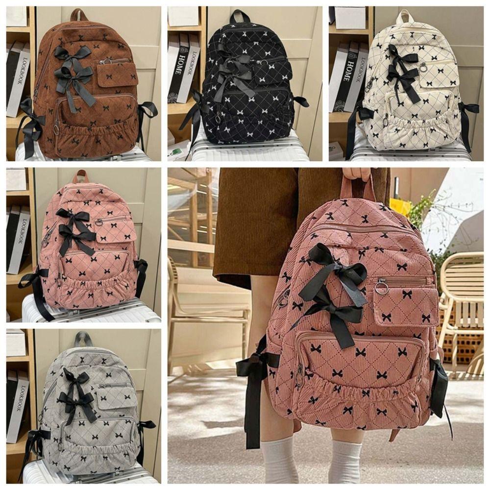 Silk Design Corduroy Bow Backpack Casual Large Capacity Backpack Students School Bag Daily