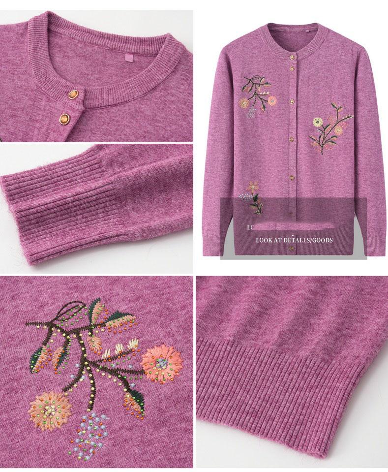 Primăvară și toamnă Secțiune subțire Pulover cu flori mici Cardigan tricotat pentru femei Temperament Haine elegante pentru bătrâni