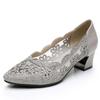 Summer Fashion Hollow Out Genuine Leather Pumps Women Shoes Med Heels Square Diamond Mesh Ladies Office  Crystal Pointshoes