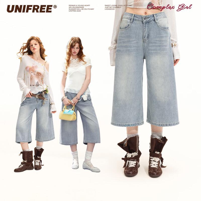 

UNIFREE Vintage Washed Wide-Leg Cropped Jeans L