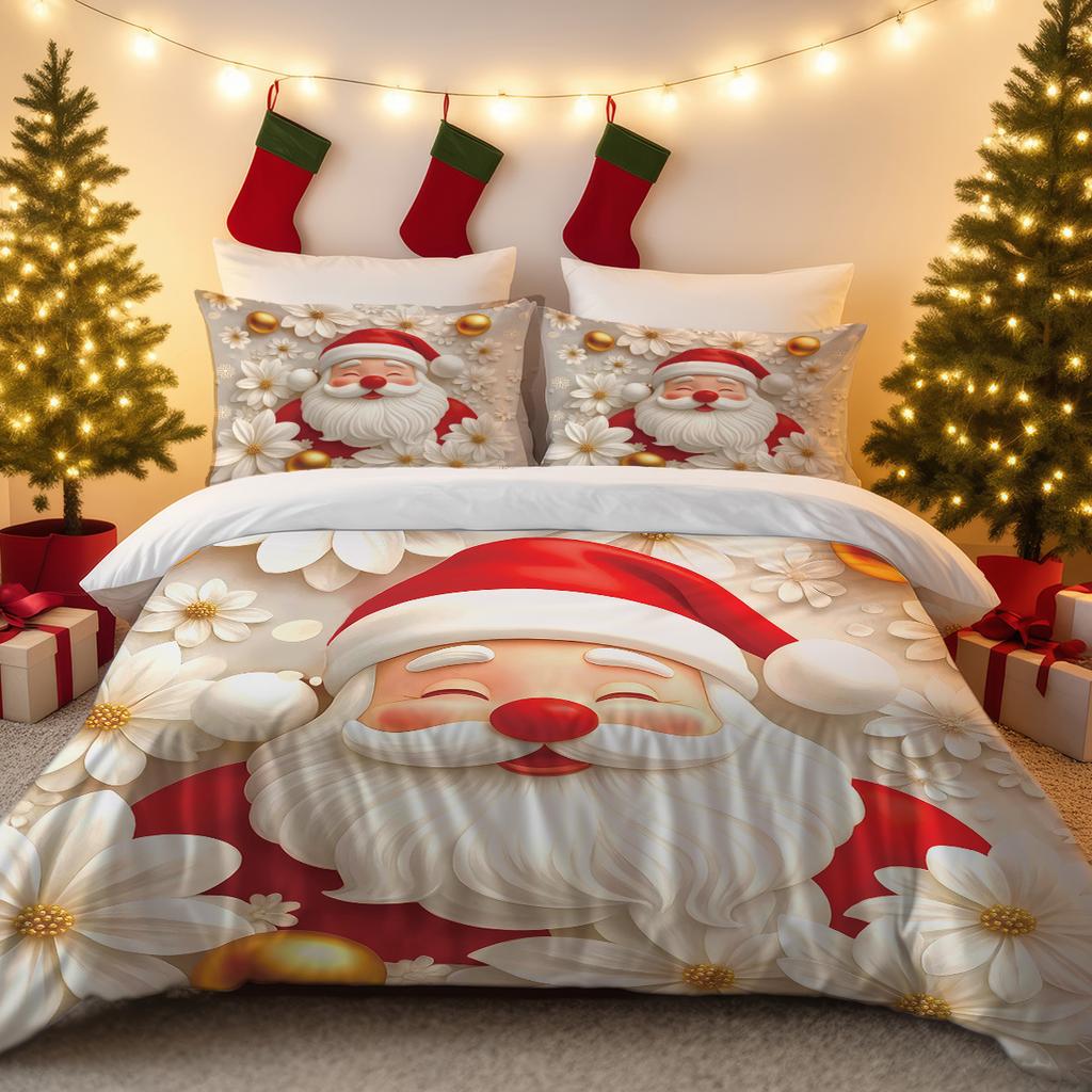 Husă de plapumă din trei piese Lenjerie de pat de Crăciun Față de pernă cu Moș Crăciun Husă de plapumă