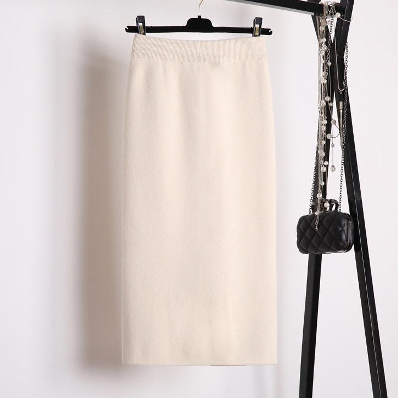 Autumn Winter Bodycon Pencil Skirt Midi Wool Plain Front Slit Knit Skirt