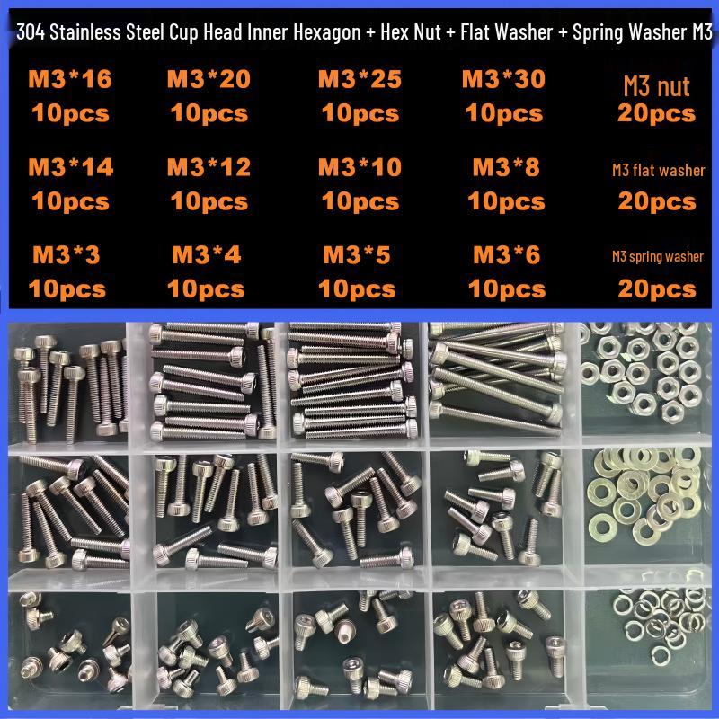 360-Piece High Strength Grade 12.9 Internal Hex Socket Screw and Hex Nut Set (M3, M4, M5, M6)
