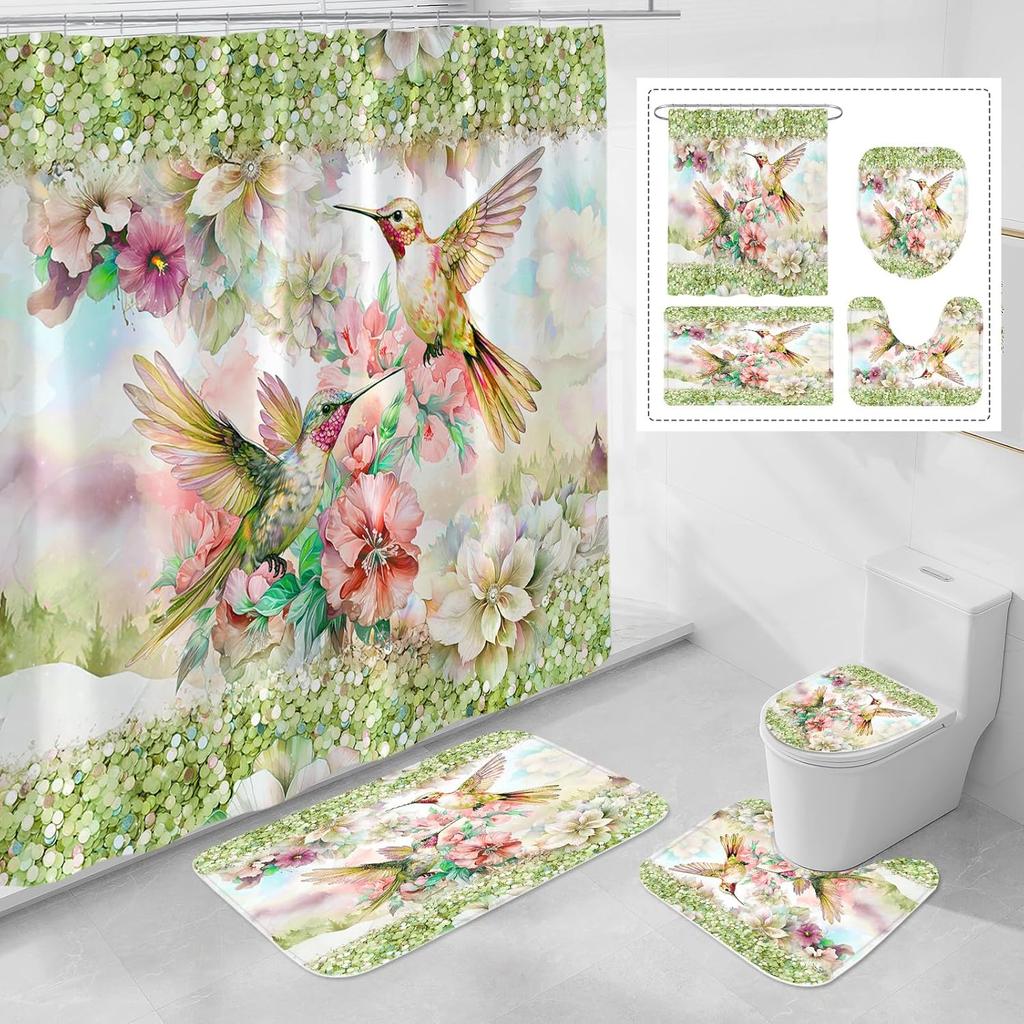 4-teiliges Badezimmer-Duschvorhang-Set Kolibri Blume Badezimmervorhang mit 12 Haken Rutschfeste Teppiche Toilettendeckelmatte Badezimmer-Trennwand