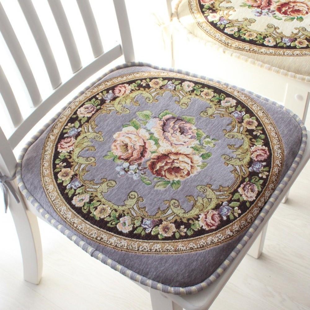 Vintage Chenille Dining Chair Cushion Detachable Non-slip Floral Chair Mat Soft with Straps Jacquard Seat Cushion