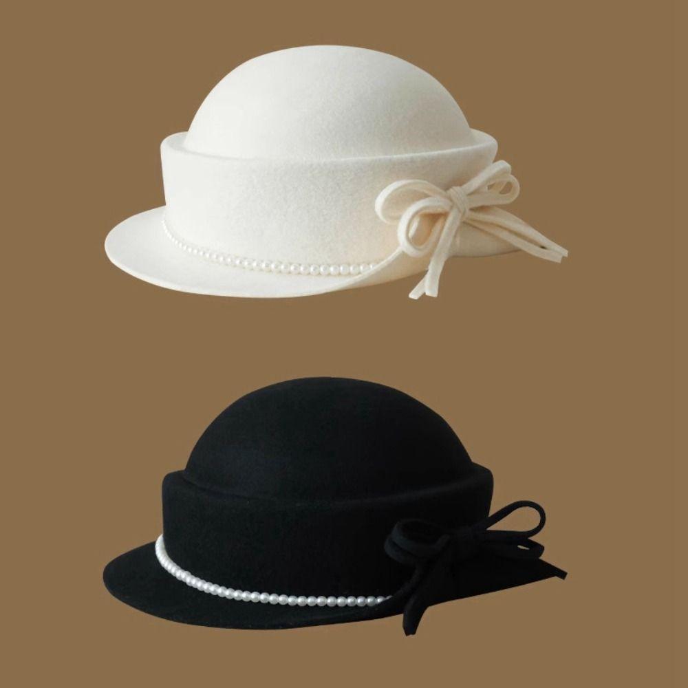 Round Rolled Edge Fedoras Hat Solid Color Round Top Hat Creative Gift Wool Bucket Hat