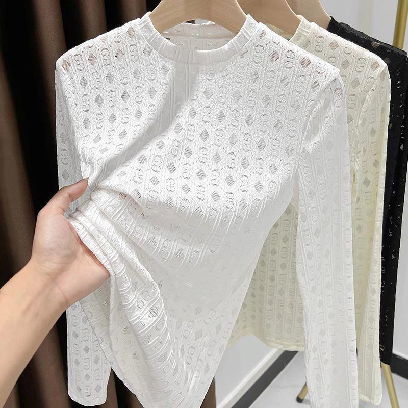 

Кружевной трикотаж Облегающий Сетчатый базовый слой Женское нижнее белье Дизайнерская блузка Базовая С обычным плечом Круглый вырез Ажурная футболка для женщин 2XL белый