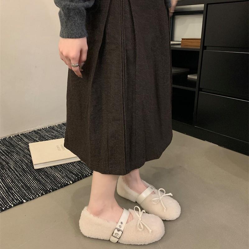 Bow-tie Fluffy Ballet Shoes Women's Winter New Round Head Wool Integrated Casual Warm Thick-soled Flat-soled Single Shoes