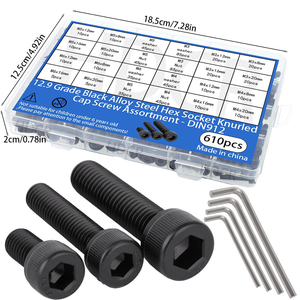 610pcs Grade 10.9 Black Hex Socket Head Cap Screw, Bolt, and Nut Kit; Machine Screws; High Strength Screws.