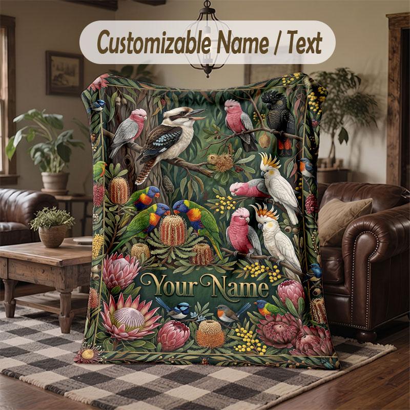 Birds Theme Throw Blanket Custom Name Text Personalized Blanket Soft Cozy Blanket for Home Sofa Bed