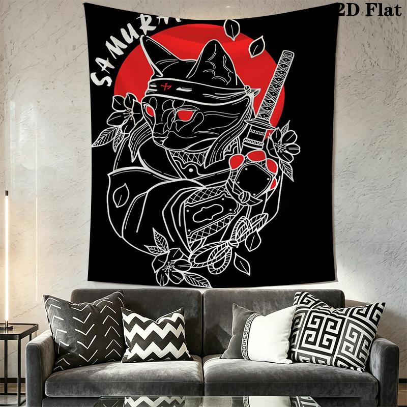 Anime Samurai Cat Pattern Home Decor Tapestry, Wall Hanging, Decorative RV Wall Cloth.MGT0918185