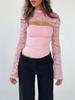 Women's Lace Long Sleeve Going Out Tops Sexy Y2K Crew Neck Cutout Double Lined Slim Night Out Shirts