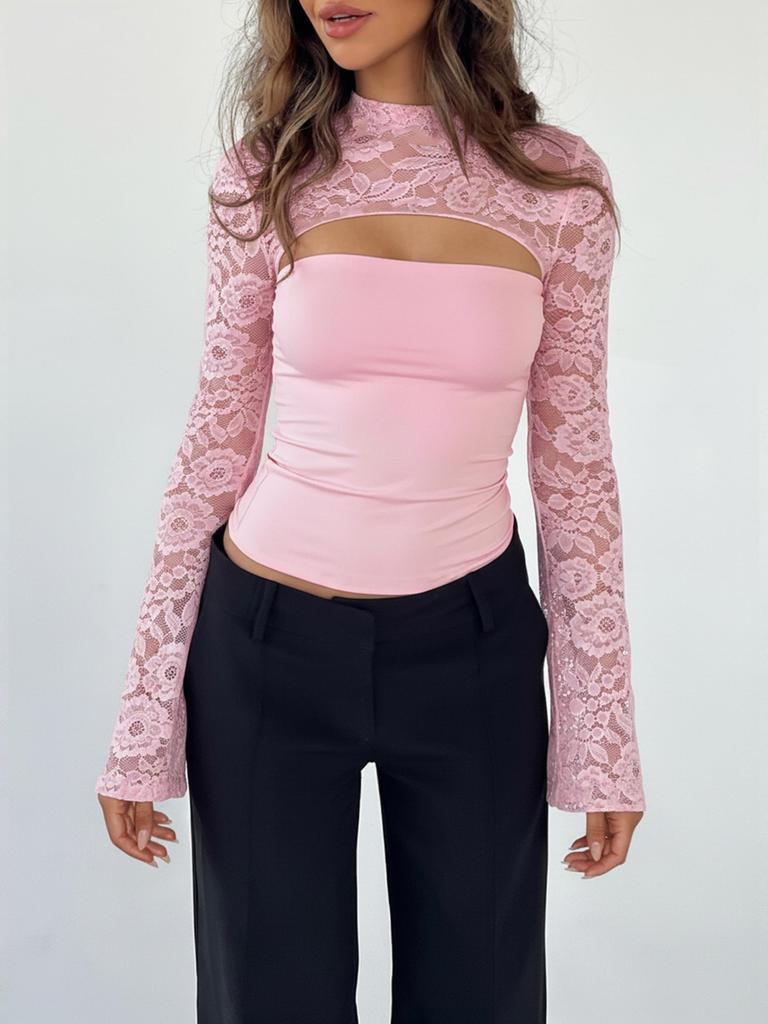 Women's Lace Long Sleeve Going Out Tops Sexy Y2K Crew Neck Cutout Double Lined Slim Night Out Shirts