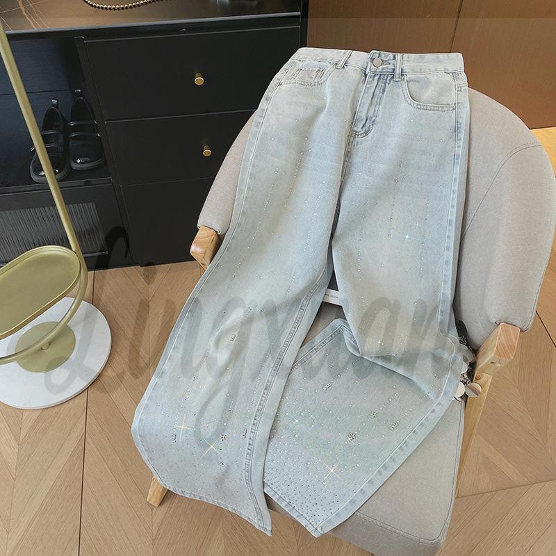 

Women s High-Waist Light Blue Denim Pants with Shiny Detailing – Slimming Straight to Wide-Leg Casual Versatile Fit Large