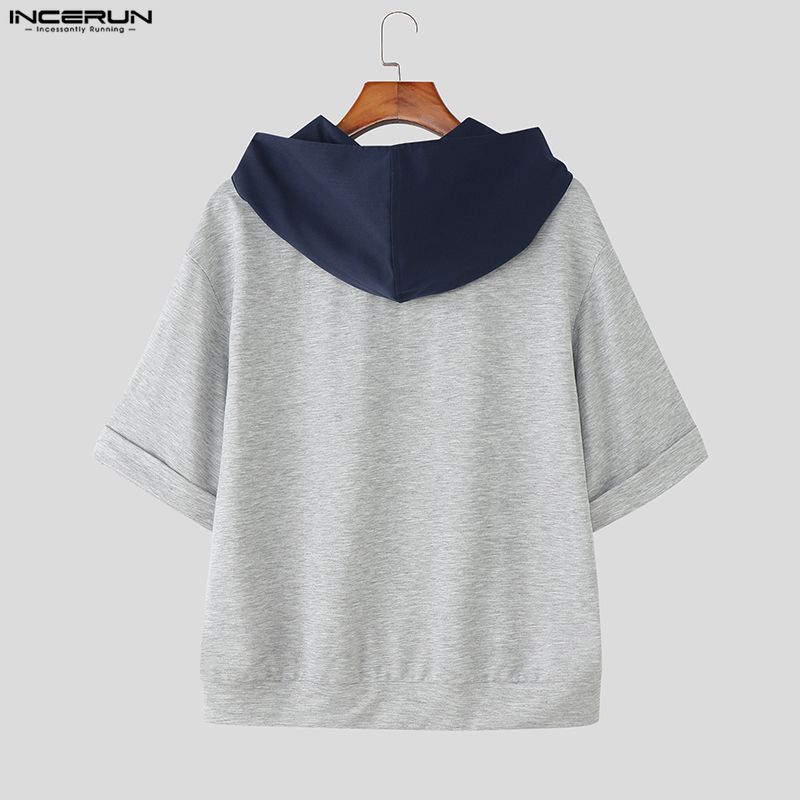 INCERUN Two Pieces Men Short Sleeve Splicing Hooded T-shirts Long Pants Sets