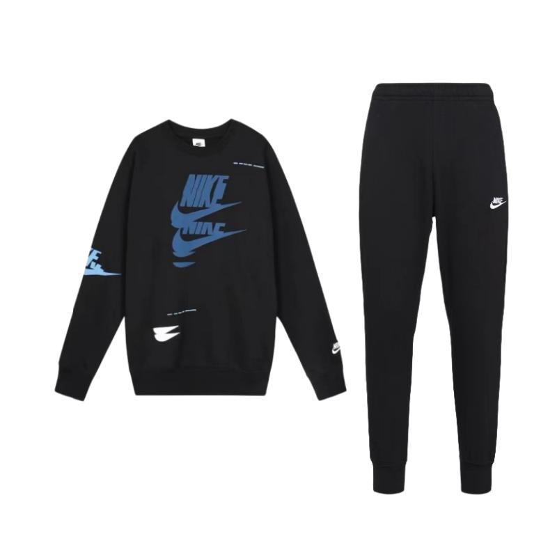 

Nike Sportswear Essentials Logo Print Fleece Crewneck Sweatshirt And Cuffed Jogger Pants Set Men Activewear Black BV2680-010+DM6876-010 XL